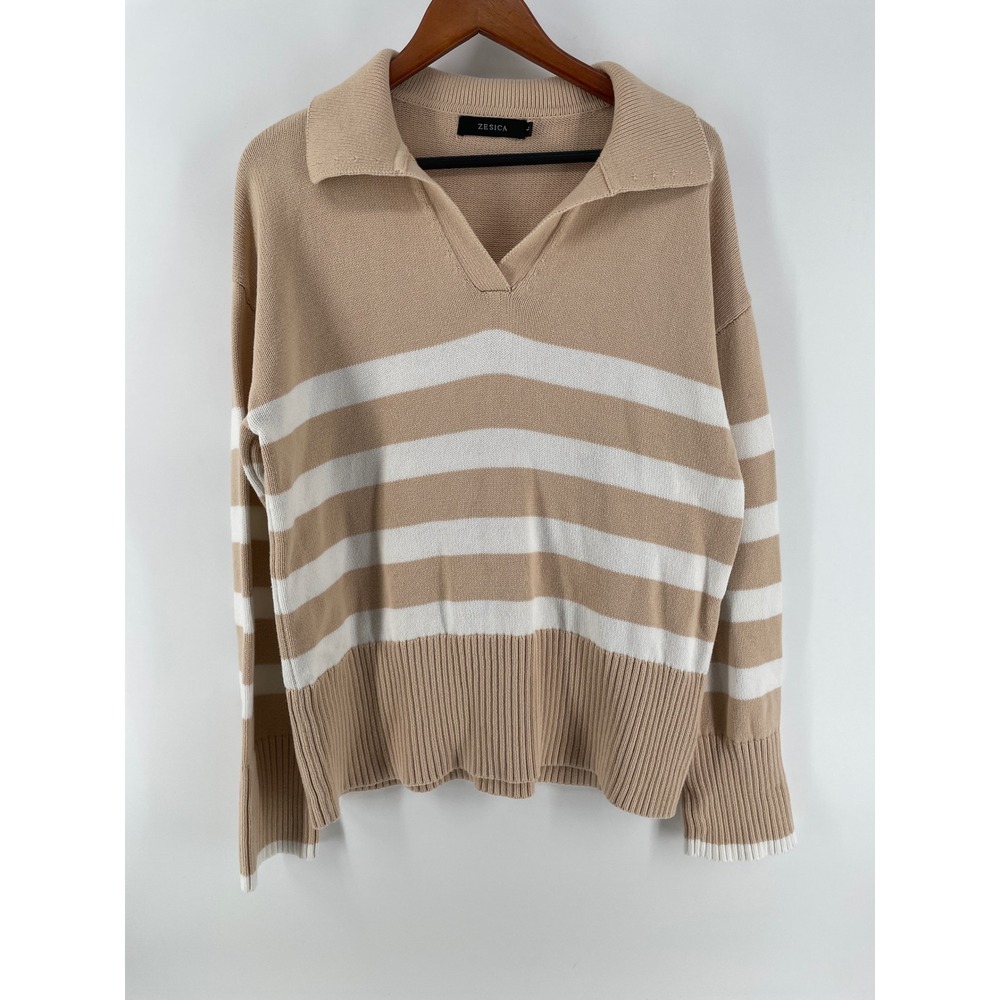 Zesica Nautical Sweater Womens Large Tan White Coastal Preppy Long Sleeve